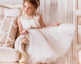 Tulle flower girl dress, Tutu girl dress, Toddler tulle dress, Lace flower dress, Baby dress for special occasion, Ivory flower girl dress