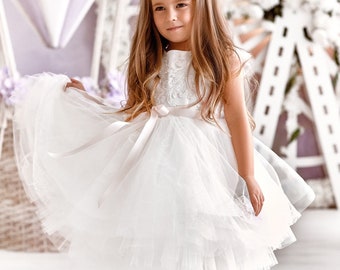 White flower girl dress toddler, Flower girl dress t-length, Flower girl dress tulle ivory, Flower girl dress boho, Flower girl dress infant