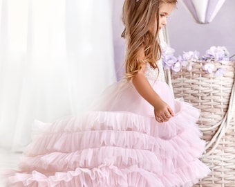 Blush pink flower girl dress, Flower girl dress toddler with train, Birthday dress 4 year old, Party dress for toddler girl, Baby girl dress