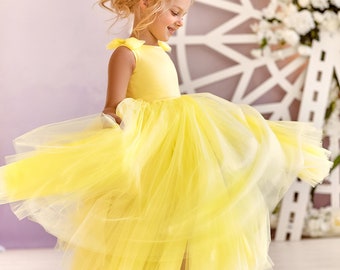 flower girl dress yellow, Flower girl dress tulle, Party dress for girls, Flower girl dress baby, Tulle Dress For Girls,First Birthday Dress