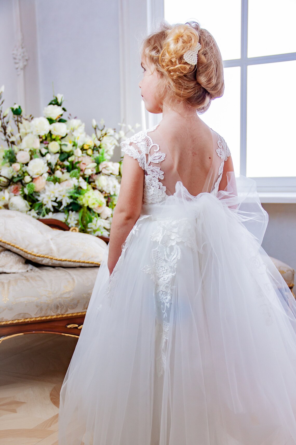 White Flower girl dress Flower girl dress with bow on back Etsy