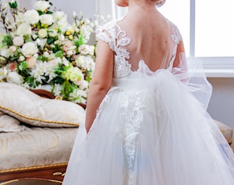 Robe de demoiselle d'honneur pour fillette, robe en tulle pour filles, robe de mariée pour fille, robe de demoiselle d'honneur en dentelle satinée blanche, robe de petite fille blanche, robe de bal pour fille