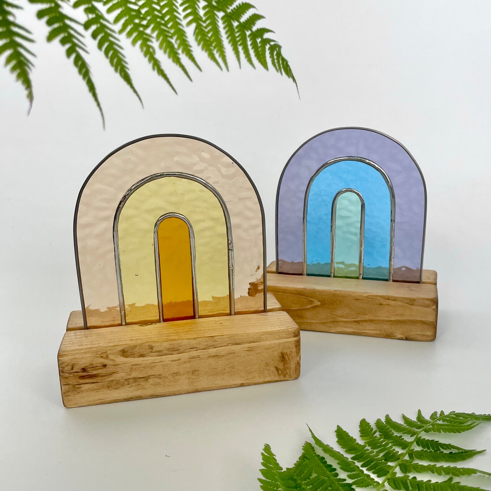 Rainbow Suncatcher Standee With Wood Base Stained Glass Etsy