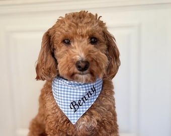 Personalized Gingham Dog Bandana, Stretchy Blue White Neckwear