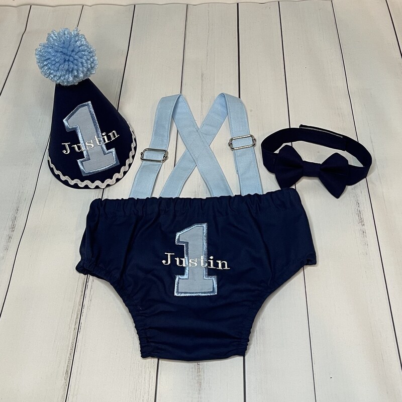 Light denim blue cake smash set for first birthday. Flat cap. Bow tie. Suspenders. Bloomer main image 1