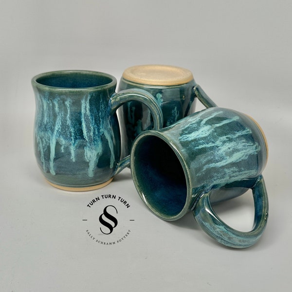 Pottery Mug / 14 oz Aqua Blue Mug / Sally Schramm Pottery