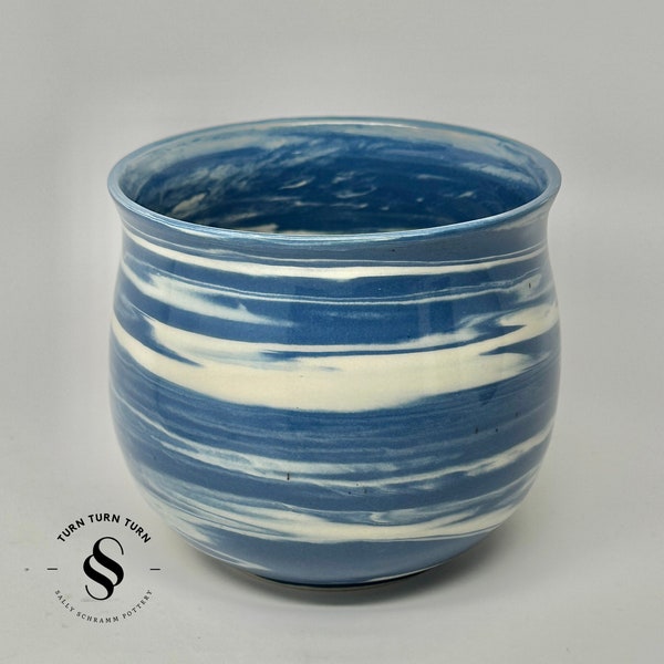 Pottery Planter or Cachepot  / 5 inch Blue and White Swirled Clay Pot / Sally Schramm Pottery