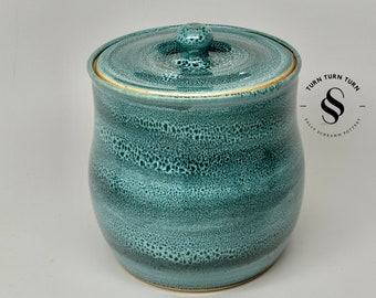 Pottery Lidded Biscuit Jar / 5 1/2 inch Aquamarine Canister / Sally Schramm Pottery