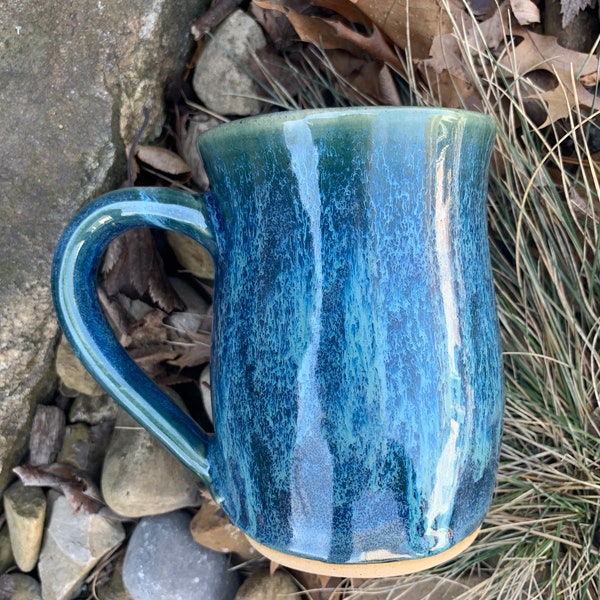 Pottery Wheel Thrown Large  Aqua Blue Mug / Coffee Lover Pottery Mug / Gift / Sally Schramm Pottery