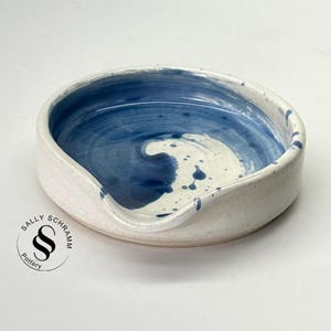 Pottery Spoon Rest / White with Stormy Blue Accent Spoon Holder / Sally Schramm Pottery