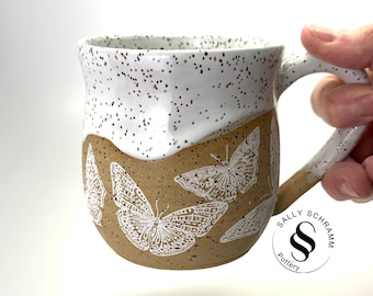 Pottery Mug / 18 oz White Butterfly Mugs / Sally Schramm Pottery