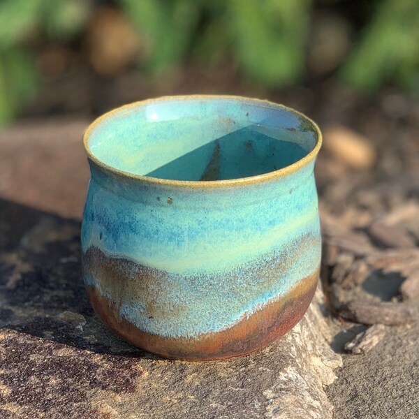 Turquoise and Copper Wheel Thrown Pottery Pot / Decorative Vase / Decorative Pot / Planter / Sally Schramm Pottery