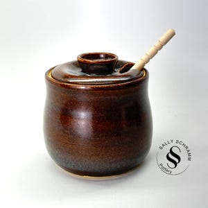 Handmade Pottery Honey Pot: Warm Gray Glaze, Honey Stick Included