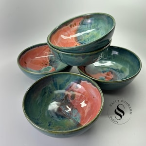 Pottery Bowl / 6 1/2 inch Abstract Blue Green Coral Bowl / Sally Schramm Pottery