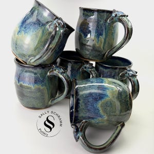 Handmade Sea Turtle Pottery Mug: Green & Blue Glaze, 20 oz