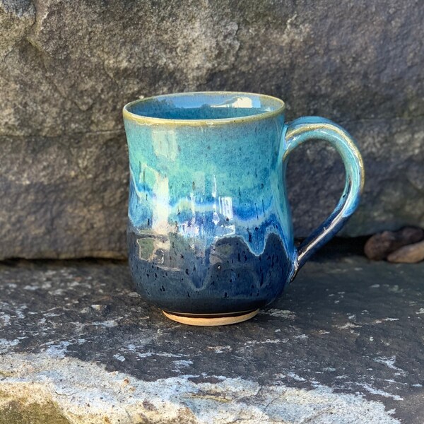 Hand Thrown Mug, Coffee Lover Pottery Mug / Tea Mug / Cocoa mug / Turquoise Blue Glaze / Gifts for Her/Him / Sally Schramm Pottery