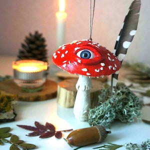 Weird mushroom Dark forest decor Wicked fungus Magic fungi Creepy Christmas ornaments  Amanita mushroom with eyes Macabre Christmas ornament