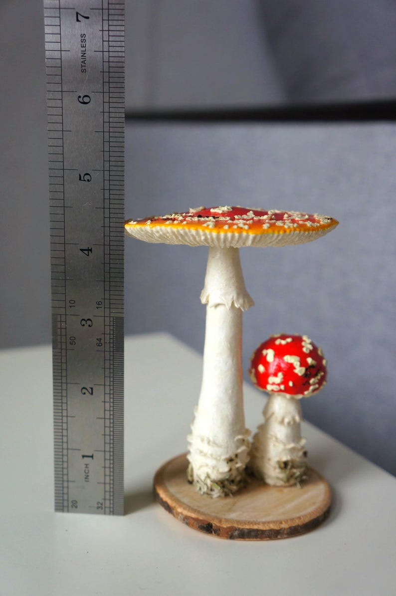 May include: Two decorative mushroom figurines. The larger mushroom has a red cap with white spots and a white stem, measuring approximately 4 inches tall. The smaller mushroom is also red with white spots. Both are on a wooden base.