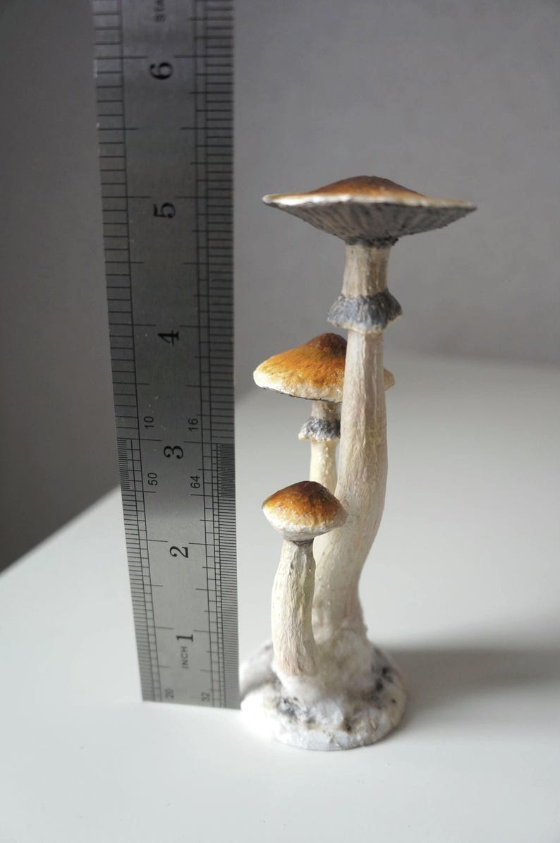 Prezent dla miłośnika grzybów psilocybinowych Figurka z magicznymi grzybami przebudzenia Złote nauczycielki Wiszące ozdoby z magicznymi grzybami Figurka z grzybami psylocybinowymi Cybensis figurine