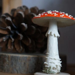 May include: A decorative mushroom figurine with a red cap dotted with white spots. The mushroom has a white stem and sits on a small wooden base. A pine cone is in the background.