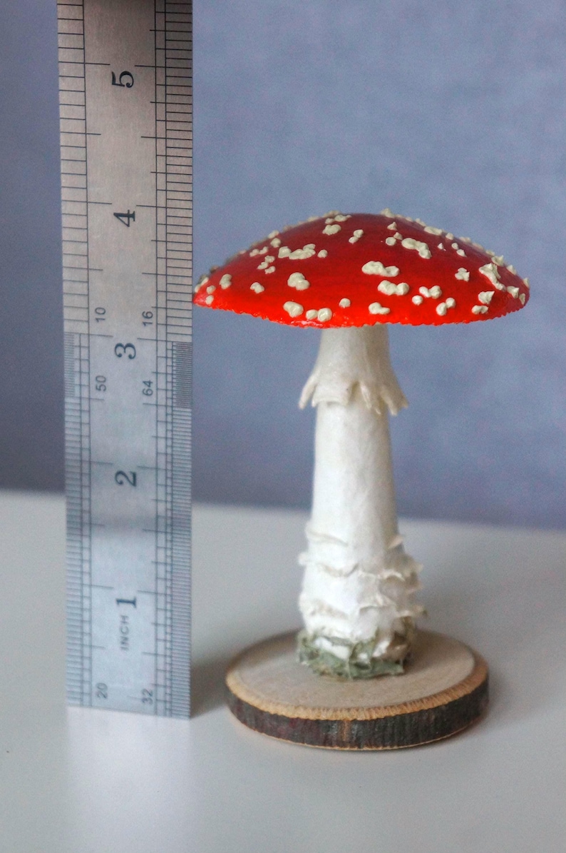 May include: A handcrafted, decorative mushroom figurine. The red cap is dotted with white spots, and the stem is white. The mushroom is approximately 4 inches tall and sits on a small wooden base. A ruler is placed next to the mushroom.
