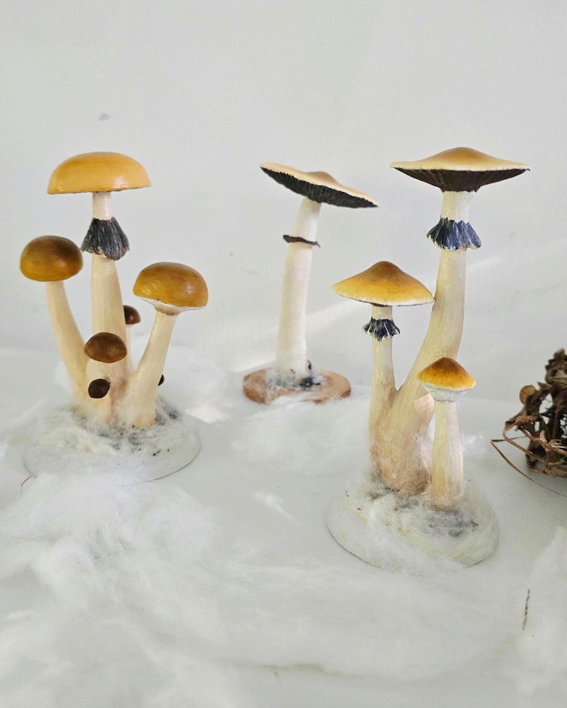 Psylocibe cubensis mushroom figurine Magic shrooms Psilocybin Golden teachers statue Blue Meanie Psychedelic magic mushroom Aztec figurine image 2