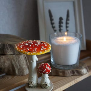 May include: A decorative shelf arrangement featuring two ceramic mushroom figurines with red and white spotted caps. A lit candle in a glass jar and a framed print are also on the shelf. The shelf is made of wood.