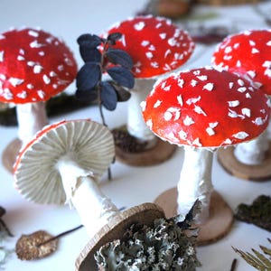 Fly agaric Amanita mushroom figurine Magical mushrooms decorations Realistic red mushroom ornaments Rustic forest decor Mushrooms lover gift