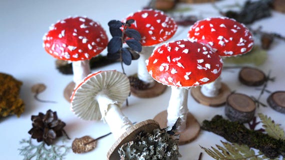 Fly agaric Amanita mushroom figurine Magical mushrooms decorations Realistic red mushroom ornaments Rustic forest decor Mushrooms lover gift