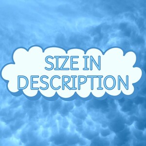 A white cloud shape on a blue background that says "size in description" in the middle of the cloud