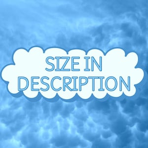 A white cloud-shaped text graphic on a light blue background. The text in the graphic says "size in description"