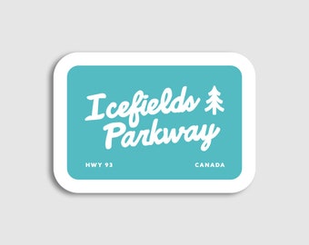 May include: A turquoise blue sticker with white text that reads "Icefields Parkway" with a small pine tree icon. The text "HWY 93" and "CANADA" are also included in white.