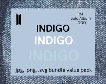 May include: A blue and white graphic design with the word "INDIGO" repeated three times in different sizes and colors. The text "RM Solo Album LOGO" is in the top right corner. The text ".jpg, .png, .svg bundle value pack" is at the bottom of the design.