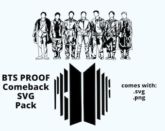 May include: Black and white line art illustration of seven men in various poses. The men are wearing casual clothing. The text "BTS PROOF Comeback SVG Pack" is at the bottom left of the image. The text "comes with: .svg .png" is at the bottom right of the image. A black and white stylized image of a door is in the center of the image.