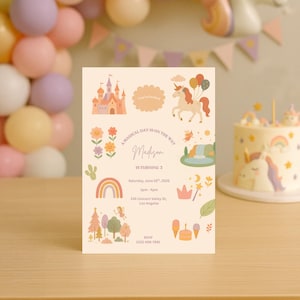 Convite de aniversário mágico de unicórnio e princesa fada | Canva editável | Convite para festa em tons pastel, convite mágico de unicórnio, convite de fada