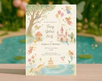 Invitación de cumpleaños Fairy Splash: Fiesta mágica en la piscina, plantilla editable de Canva (5x7)