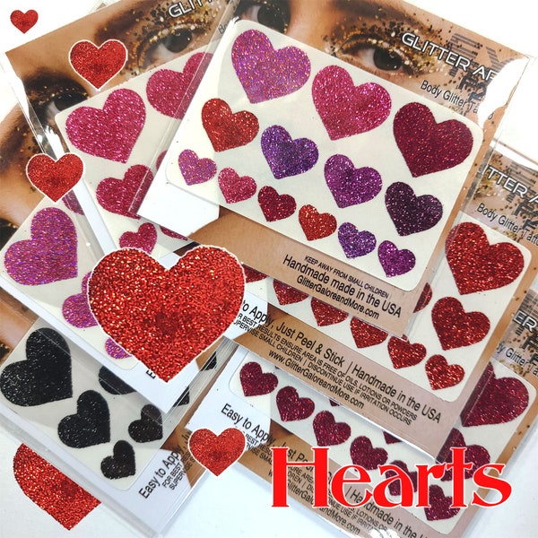 Heart Glitter Tattoo Stickers in Various Sizes, Glitter Decals for Teams, Temporary Glitter Tattoo for School Spirit