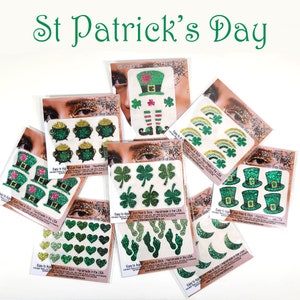 St Patrick&#39;s Day Face and Body Glitter Stickers, Clovers, Rainbows, Pots of Gold, Leprechaun Hats