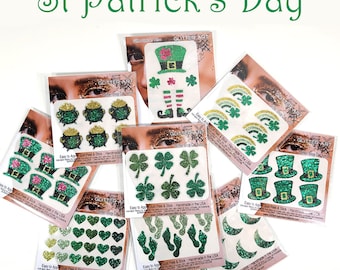 May include: Assortment of green glitter St. Patrick's Day themed stickers. The stickers feature shamrocks, pots of gold, leprechauns, rainbows, and more. Easy to apply, just peel and stick.