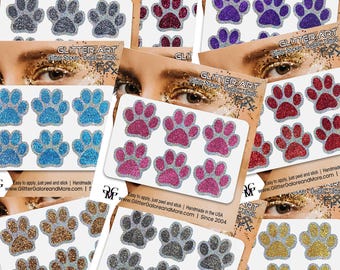 Glitter Paw Print Face Stickers, Silver Holographic Border with 34 Custom Fill Colors