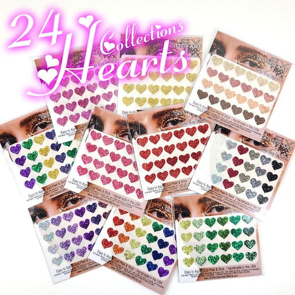 Hearts Glitter Tattoo Stickers, Hearts Temporary Tattoo, Stickers for Face and Body, 24 pieces, Multicolor Collections