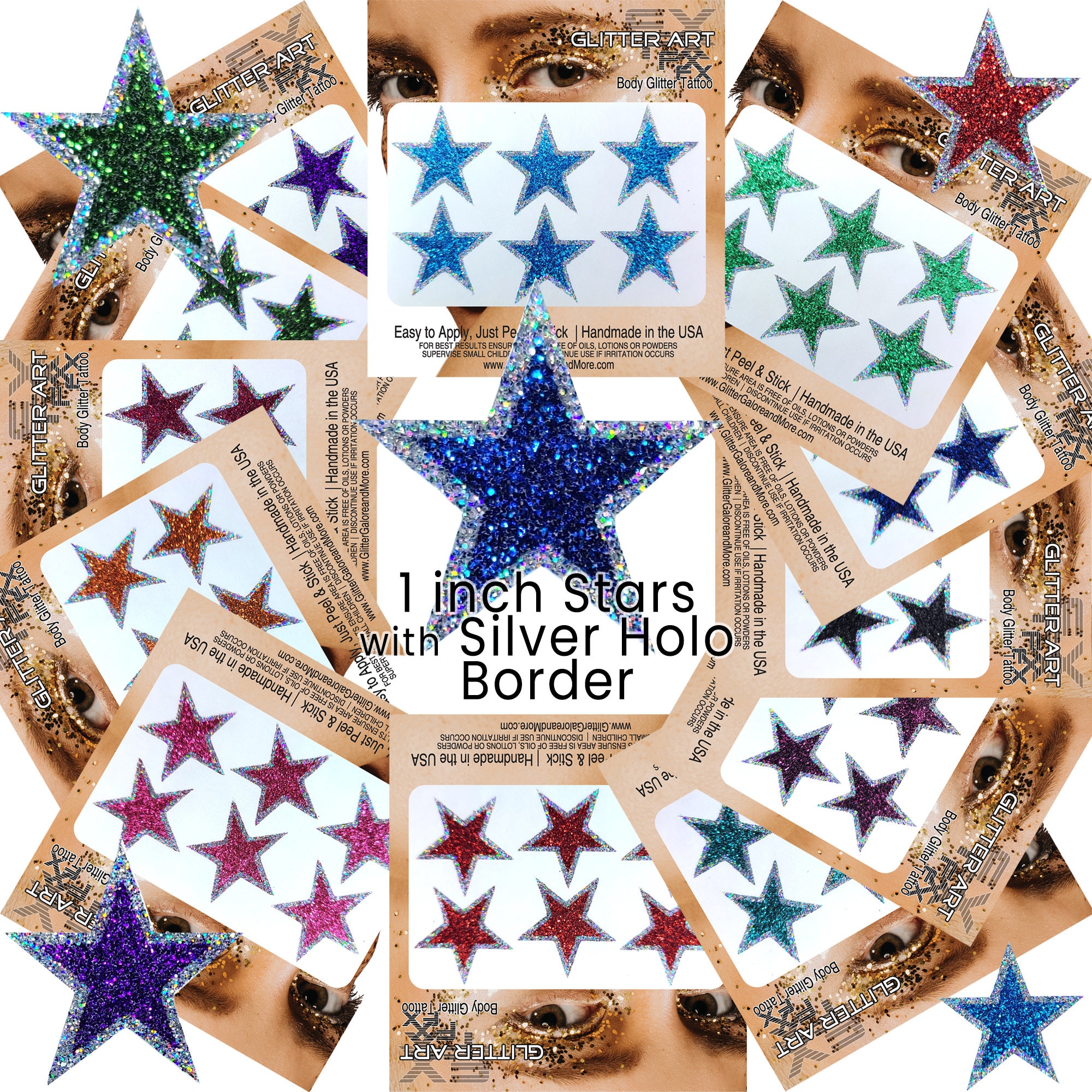 Glitter Stickers Stars VARIOUS COLOURS - 60 stars (10 pack) Colour