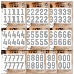 Temporary Tattoo Numbers, Jersey Number Stickers for Face in Silver Glitter, Player Numbers for Cheeks, Jersey Numbers for Team Sports