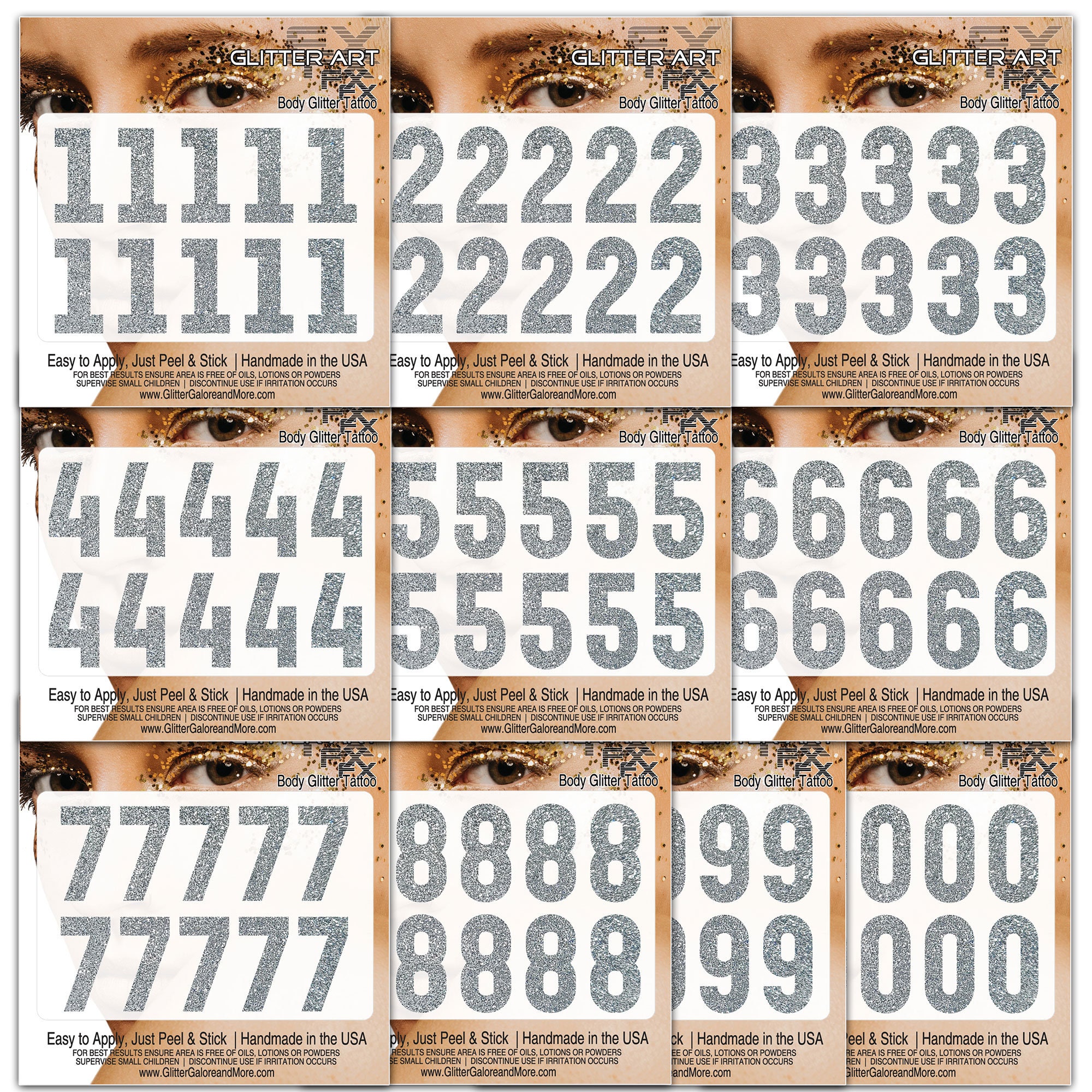 Temporary Tattoo Numbers, Jersey Number Stickers for Face in Silver Glitter, Player Numbers for Cheeks, Jersey Numbers for Team Sports