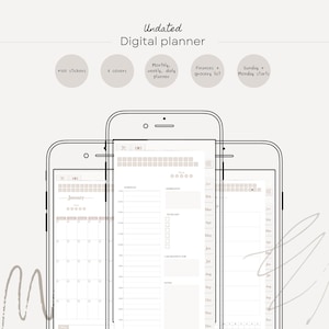 May include: A mockup of a digital planner app on a smartphone screen. The app includes a monthly calendar, weekly planner, daily planner, finances and grocery list sections, and a notes section. The app has a minimalist design and features a light beige colour scheme.