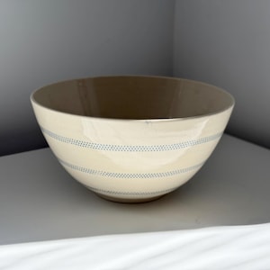 Medium Size Handmade Ceramic Serving Bowl - Cream and Blue Dotted Stripe