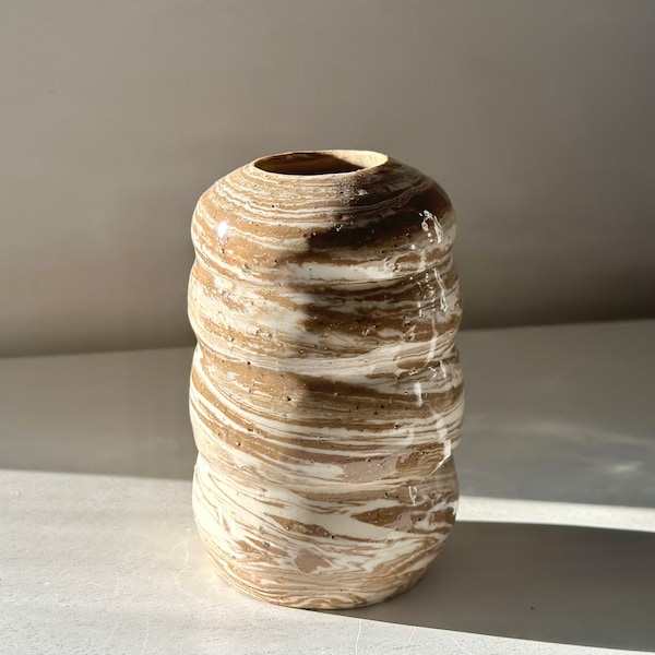 Small Handmade Ceramic Brown and White Marbled Squiggle Vase