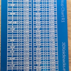 May include: A blue and white drill lookup chart with fractions and decimal equivalents for drill bit sizes. The chart is labeled "Drill Lookup Chart R1" and includes the Etsy shop name "3DKnicknacks.etsy.com".