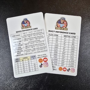 May include: Two white reference cards with black text and a logo featuring a cartoon character. One card is labeled "Quick Reference Card" and the other "Duct Reference Card." The cards provide HVAC information, including CFM and wire gauge.