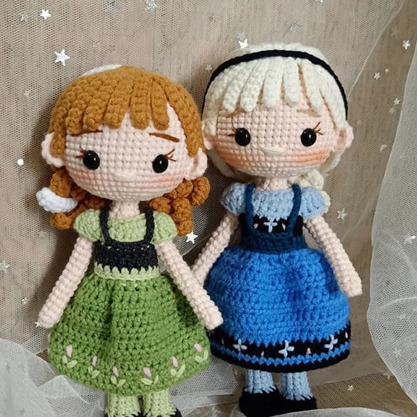 Elsa & Anna Crochet Doll - Frozen Crochet, Disney Princess Crochet Doll, Amigurumi Princess Dolls, Princess Doll, Gift for Daughter